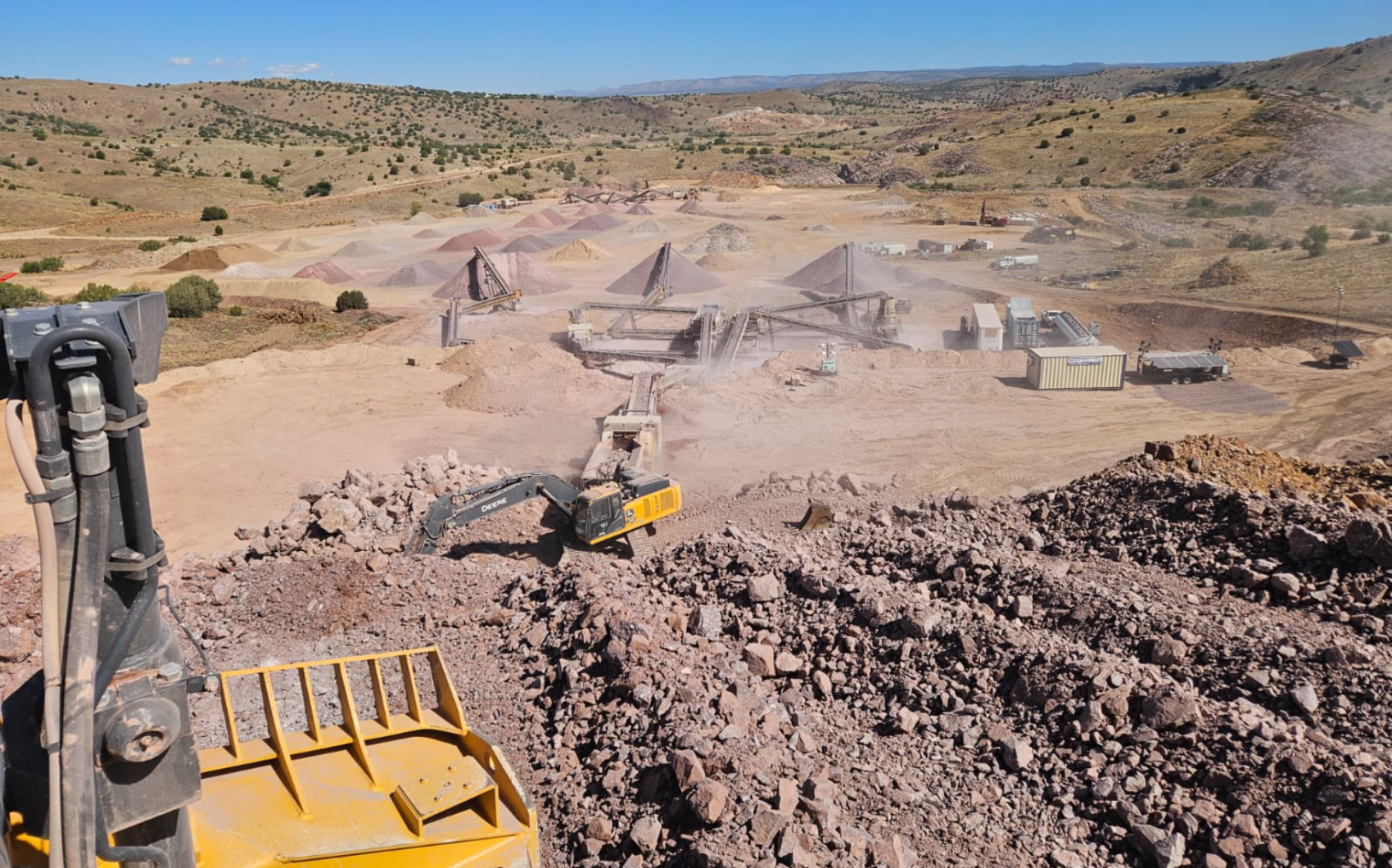MAGABC road base crushing — Yavapai County aerial view of crushing plant and finished aggregate stockpiles